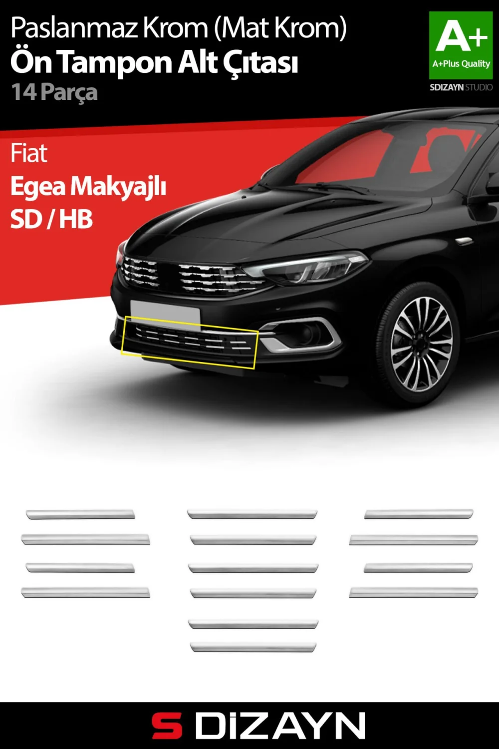 Drs Tuning Fiat Egea Krom Ön Tampon Alt Çıtası Diamond Model 14 Prç. 2020 Üzeri (Mat Krom) A+ Kalite