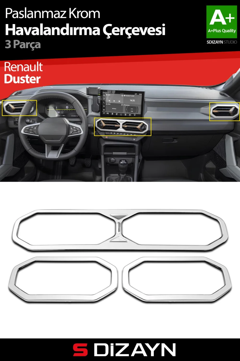 S-Dizayn Renault Duster Krom Havalandırma Çerçevesi 3 Prç. 2024 Üzeri (Parlak Krom) A+ Kalite