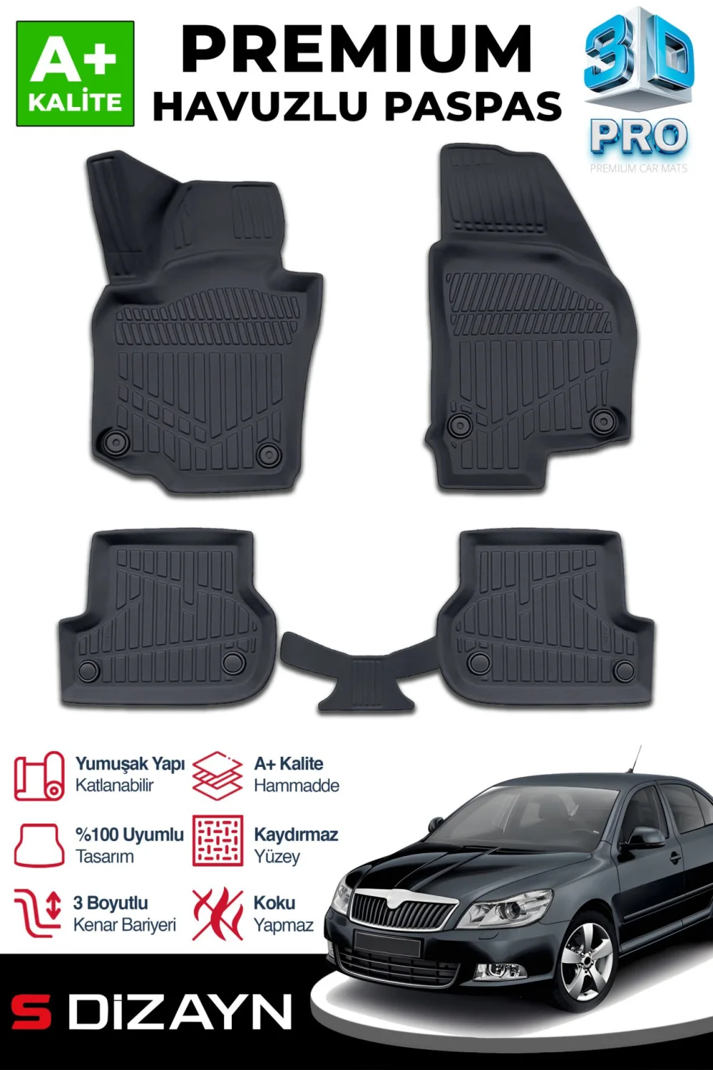 S-Dizayn Skoda Octavia 2 3D Pro Havuzlu Paspas 2004-2013 A+ Kalite