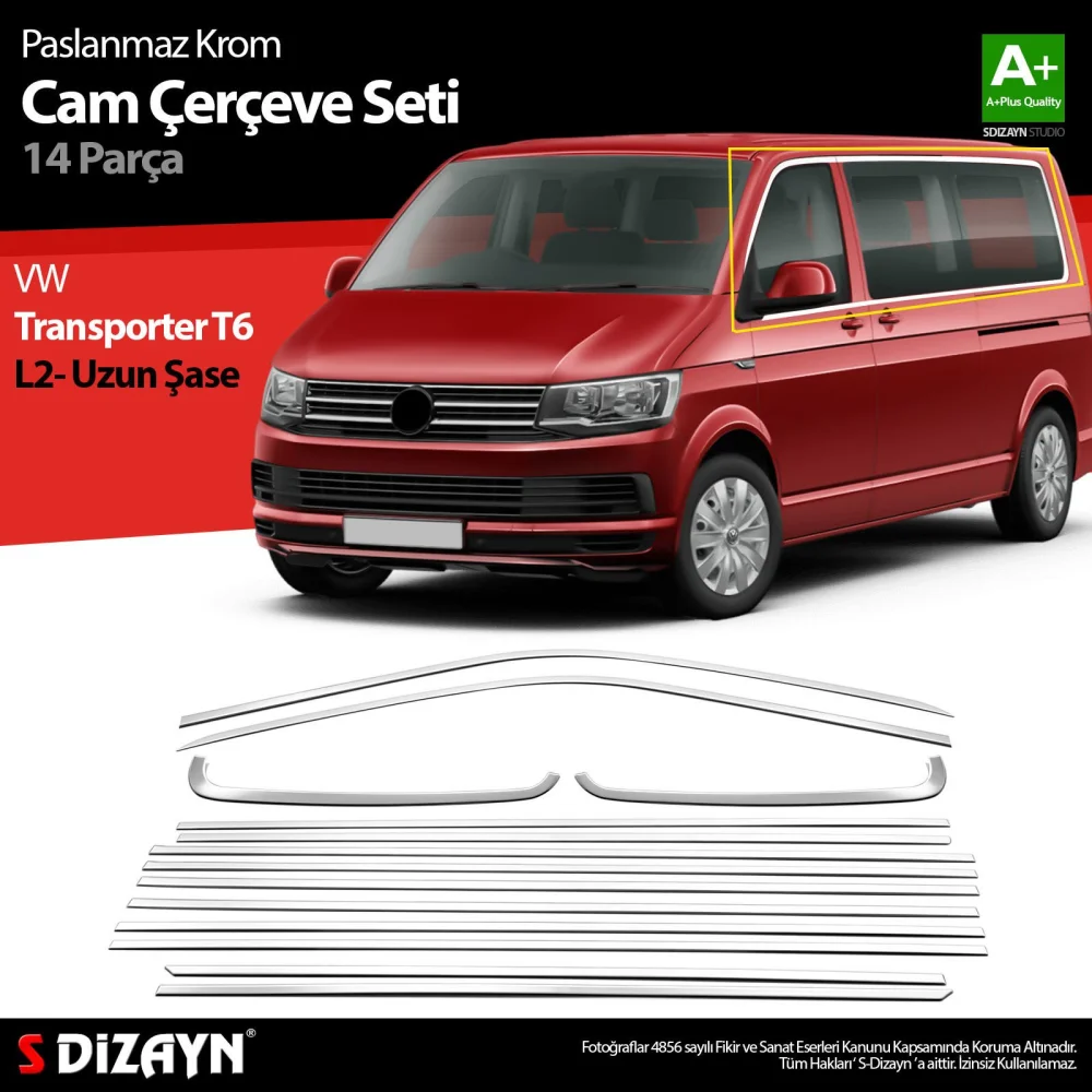 Drs Tuning VW Transporter T6 Uzun Şase Krom Cam Çerçeve Seti 2015-2025 Tek Sürgü