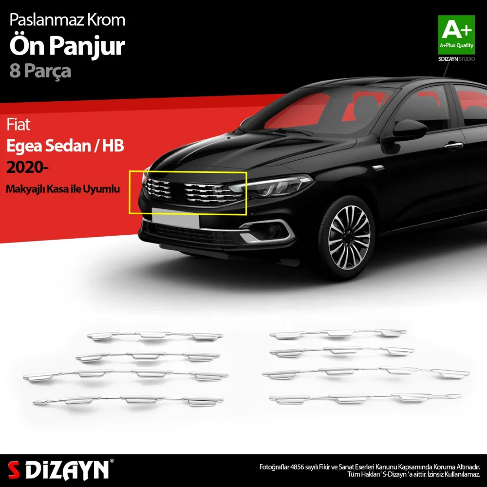 Drs Tuning Fiat Egea SD / HB Krom Ön Panjur Diamond Model 8 Prç 2020 Üzeri (Parlak Krom) A+ Kalite