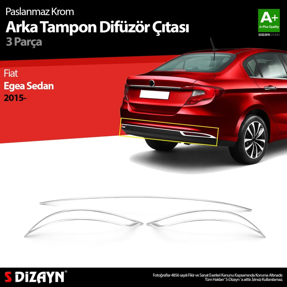 Drs Tuning Fiat Egea SD Krom Arka Tampon Difüzör Çıtası 3 Prç. 2015 Üzeri A+ Kalite