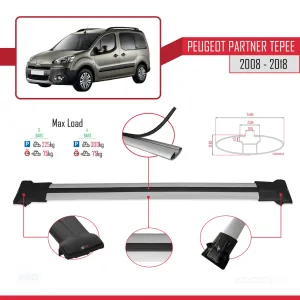 Peugeot Partner Tepee 2008-2018 Arası ile uyumlu FLY Model Ara Atkı Tavan Barı GRİ 4 ADET BAR thumb 4