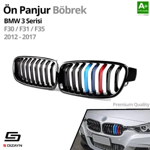 S-Dizayn Bmw 3 Serisi F30/F31/F35 Ön Panjur Böbrek Parlak Siyah Piano Black M Renkli 11'li Düz Model 2012-2017 thumb 2