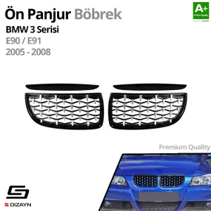 S-Dizayn Bmw 3 Serisi E90/E91 Ön Panjur Böbrek Parlak Siyah Çerçeveli Krom Diamond Model 2005-2008 - Görsel 2