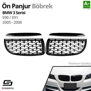S-Dizayn Bmw 3 Serisi E90/E91 Ön Panjur Böbrek Parlak Siyah Piano Black Diamond Model 2005-2008 - Görsel 2