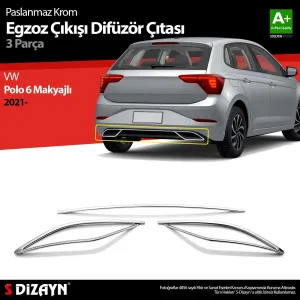 S-Dizayn VW Polo 6 HB Makyajlı Krom Egzoz Çıkışı Difüzör 3 Prç. 2021 ÜzeriAraca &Ouml;zel Krom Aksesuar&Uuml;r&uuml;n &Ouml;zellikleri:Krom &uuml;r&uuml;nler ar