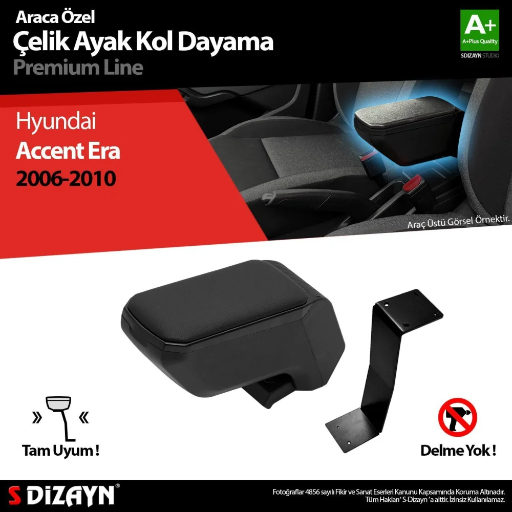 Hyundai Accent Uyumlu Era Kol Dayama Kolçak Çelik Ayaklı ABS Siyah 2005-2011 A+Kalite Parça