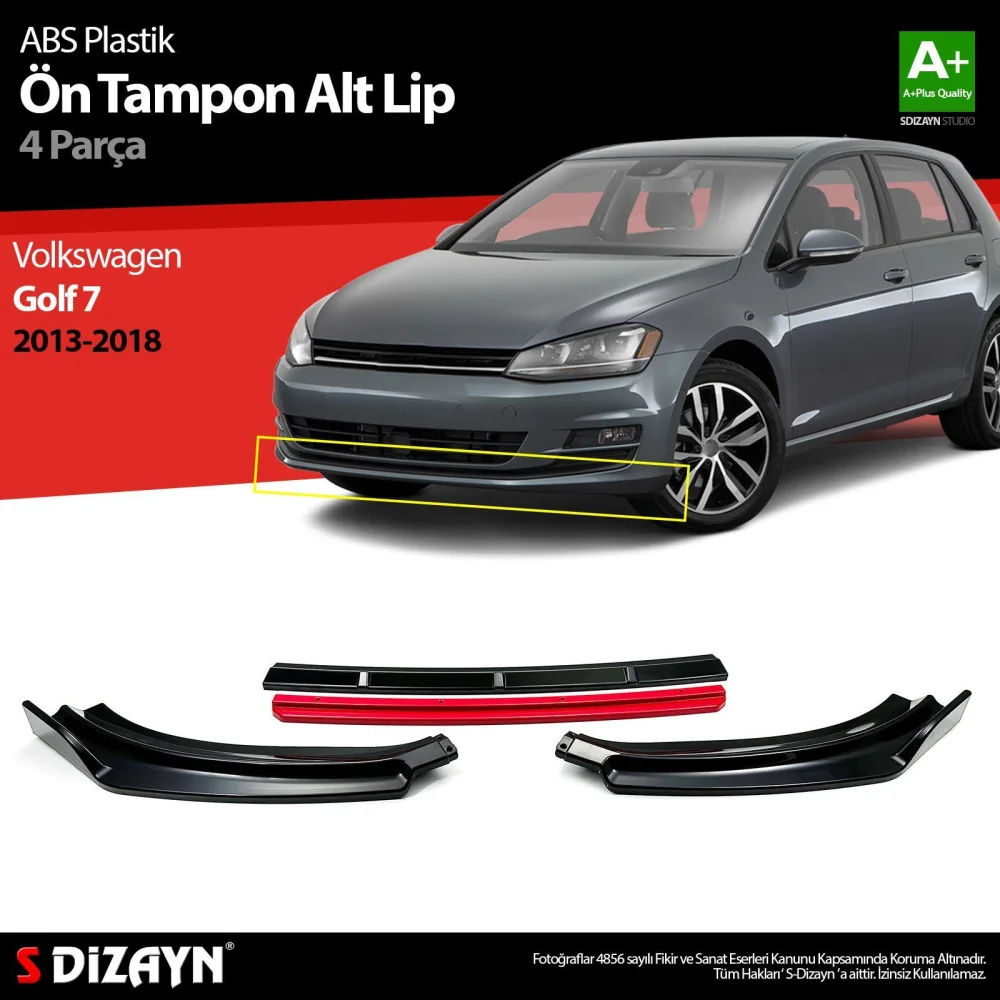 Drs Tuning Golf Uyumlu 7 ABS Plastik Ön Tampon Alt Lip Kırmızı Ekli 4 Parça. 2013-2018 A+Kalite Parça