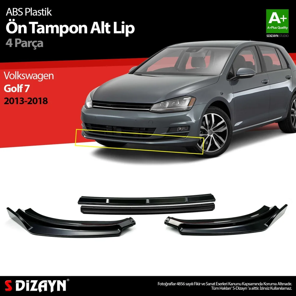 Drs Tuning Golf Uyumlu 7 ABS Plastik Ön Tampon Alt Lip Siyah Ekli 4 Parça. 2013-2018 A+Kalite Parça