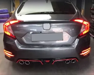 Honda Civic Uyumlu Fc5 2016-2020 Difüzör 4 Egzoz Piano Black Kırmızı Şeritli thumb 4
