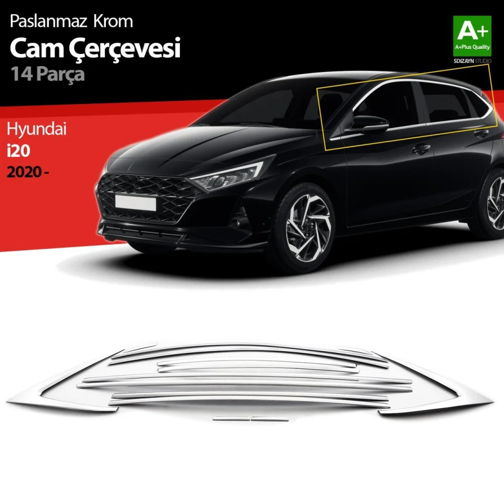 Hyundai İ20 Uyumlu Krom Cam Çerçevesi 14 Parça. 2020 Üzeri
