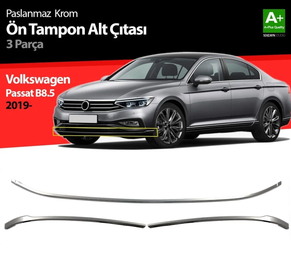 Volkswagen Passat Uyumlu B8.5 Krom Ön Tampon Alt Çıtası 3 Parça 2019 Ve Sonrası