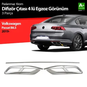 S-Dizayn VW Passat B8.5 Krom Egzoz Görünümü Difüzör 4'lü R Line 3 Parça 2019-2023Araca &Ouml;zel Krom Aksesuar&Uuml;r&uuml;n &Ouml;zellikleri:Krom &uuml;r&uuml;