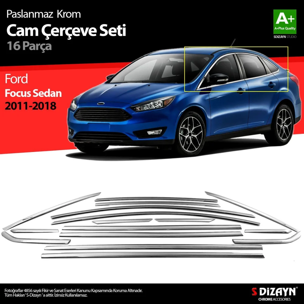 Ford Focus Uyumlu 3 Sedan Krom Cam Çerçevesi 16 Parça 2011-2018