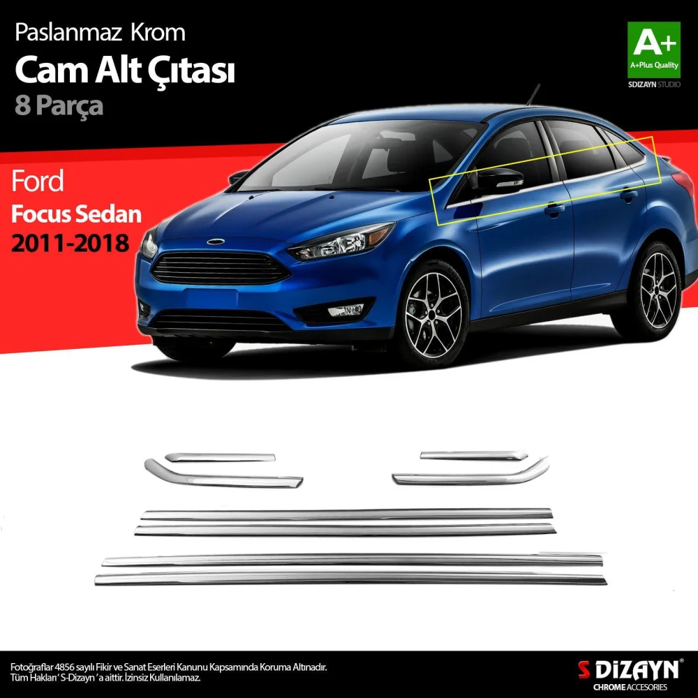 Ford Focus Uyumlu 3 Sedan Krom Cam Çıtası 8 Parça 2011-2018