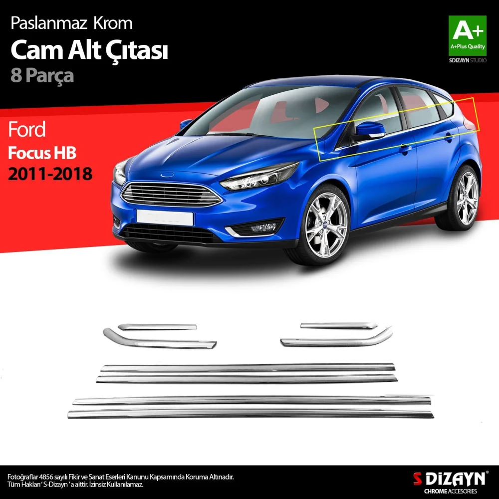 Ford Focus Uyumlu 3 Hatchback Krom Cam Çıtası 8 Parça 2011-2018