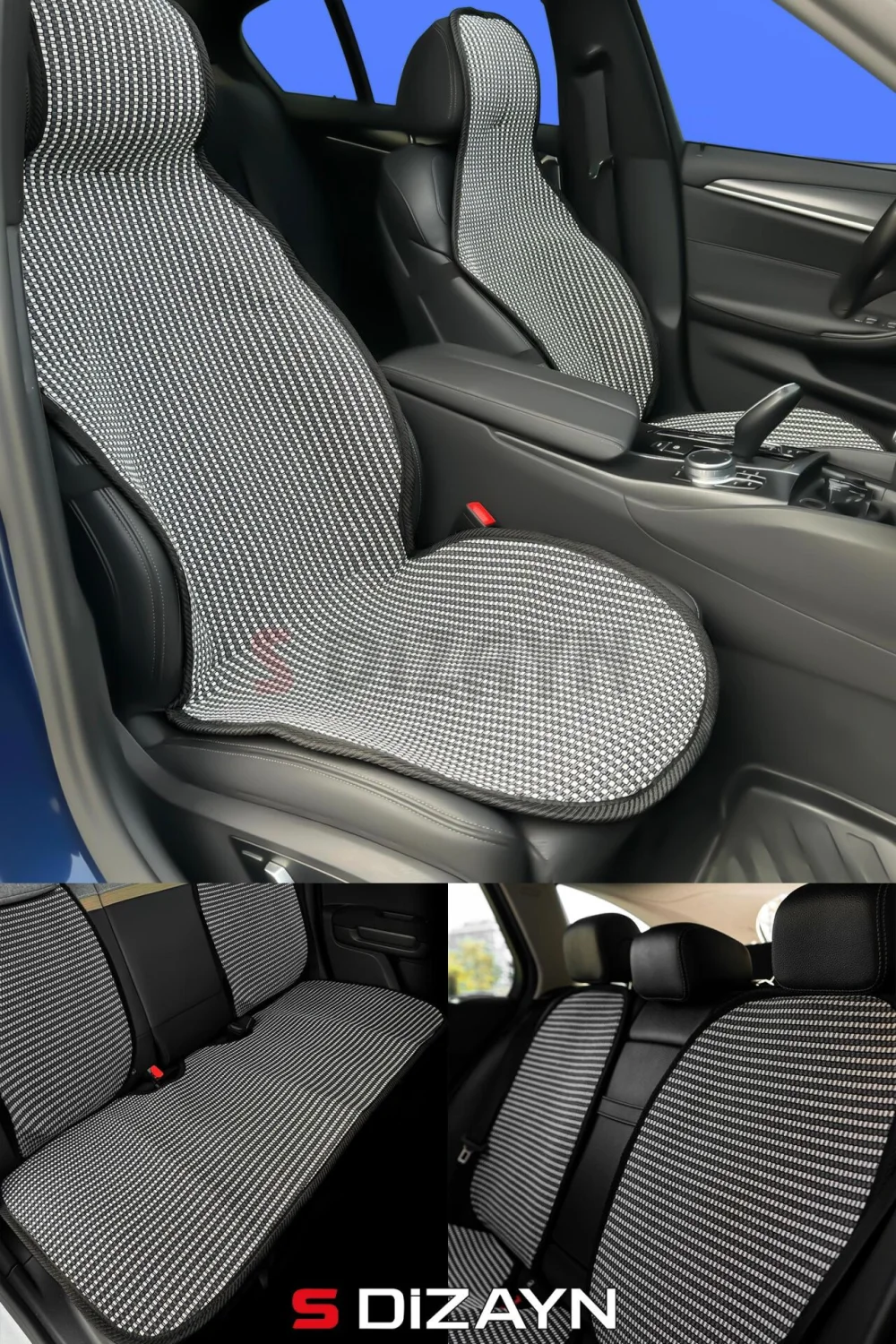 S-Dizayn Oto Koltuk Koruyucu Kılıf Set Çizgili Füme Beyaz Universal 2+3 Parça Ön Arka