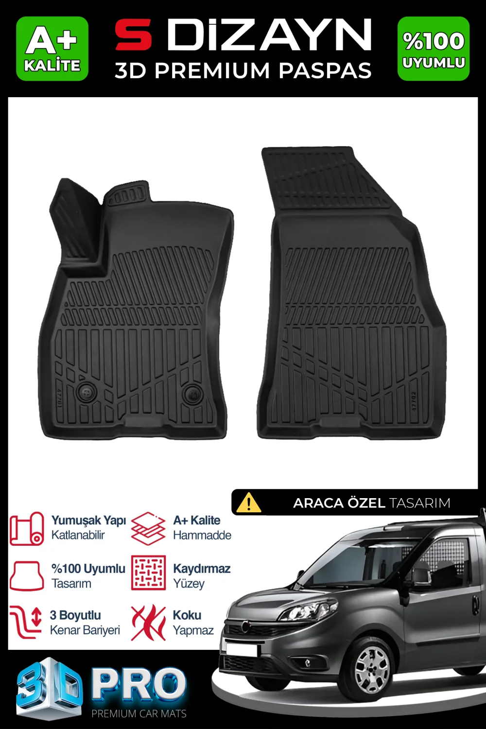 S-Dizayn Fiat Pratico Panelvan 3D Pro Havuzlu Paspas Ön 2'Li 2010 Üzeri A+ Kalite