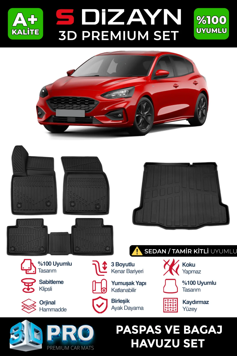 S-Dizayn Ford Focus 4 Sedan 3D Pro Havuzlu Paspas ve Bagaj Havuzu Seti (2'li SET) Tamir Kitli 2019 Üzeri A+ Kalite