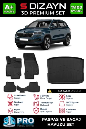 Skoda Karoq 2017-Günümüz (NU) uyumlu 3D Pro Havuzlu Paspas ve Alt Bagaj Havuzu (2'li SET) 2018 Üzeri A+ Kalite modelleri Oto Aksesuar Shop'de. Kaliteli