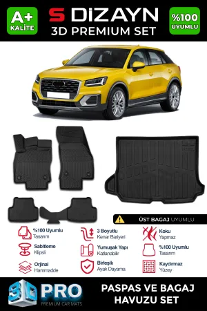 Audi Q2 2016-Günümüz (GA) uyumlu 3D Pro Havuzlu Paspas ve Üst Bagaj Havuzu (2'li SET) 2017-2023 A+ Kalite modelleri Oto Aksesuar Shop'de. Kaliteli malzeme,