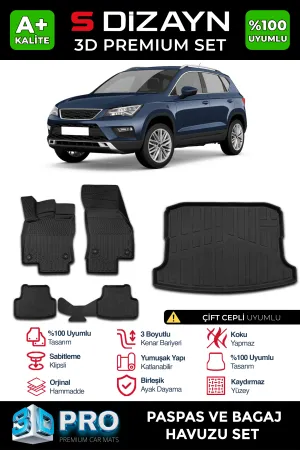 Seat Ateca 2017-Günümüz uyumlu 3D Pro Havuzlu Paspas ve Çift Cepli Bagaj Havuzu (2'li SET) 2017-2020 A+ Kalite modelleri Oto Aksesuar Shop'de. Kaliteli