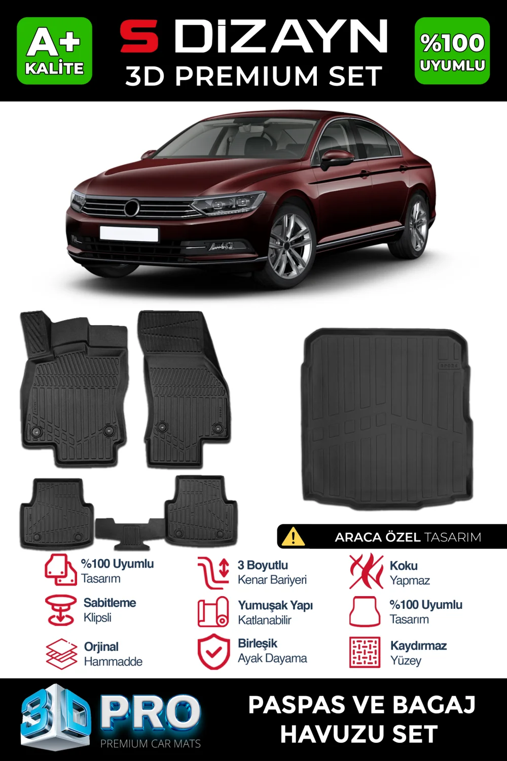 S-Dizayn VW Passat B8 3D Pro Havuzlu Paspas ve Bagaj Havuzu Seti (2'li SET) 2015-2019 A+ Kalite