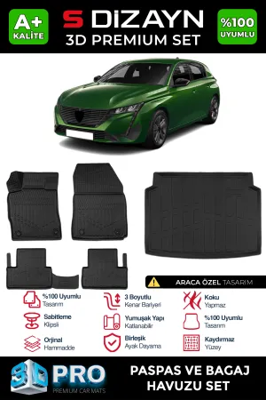 Peugeot 308 2021-Günümüz (P5) uyumlu 3D Pro Havuzlu Paspas ve Bagaj Havuzu (2'li SET) 2022 Üzeri A+ Kalite modelleri Oto Aksesuar Shop'de. Kaliteli malzeme,
