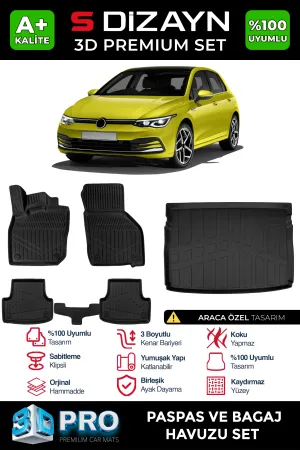 Volkswagen Golf 2019-Günümüz (Mk8) uyumlu VW 8 Manuel 3D Pro Havuzlu Paspas ve Üst Bagaj Havuzu (2'li SET) 2020-2024 A+ Kalite modelleri Oto Aksesuar Shop'de.