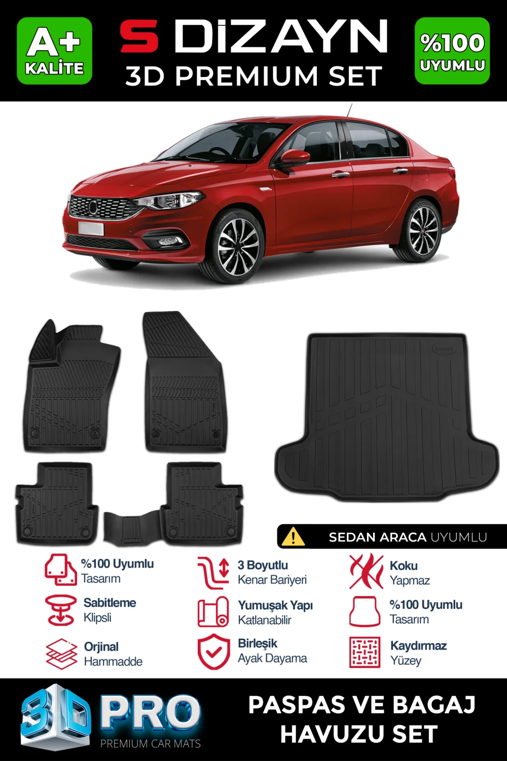 S-Dizayn Fiat Egea Sedan 3D Pro Havuzlu Paspas ve Bagaj Havuzu Seti (2'li SET) 2015 Üzeri A+ Kalite