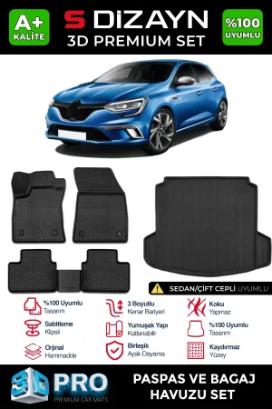 S-Dizayn Renault Megane 4 Sedan 3D Pro Havuzlu Paspas ve Çift Kulak Bagaj Havuzu Seti (2'li SET)  2016-2021 A+ Kalite thumb 1