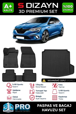 S-Dizayn Renault Megane 4 Sedan 3D Pro Havuzlu Paspas ve Sağ Kulak Paspas Bagaj Havuzu Seti (2'li SET)  2016-2021 A+ Kalite thumb 1