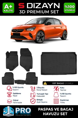 Opel Corsa 2019-Günümüz (F) uyumlu F 3D Pro Havuzlu Paspas ve Üst Bagaj Havuzu (2'li SET) 2019 Üzeri A+ Kalite modelleri Oto Aksesuar Shop'de. Kaliteli