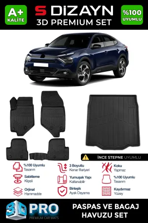 Citroen C4 / C4X 2022-Günümüz uyumlu C4X 3D Pro Havuzlu Paspas ve Bagaj Havuzu (2'li SET) İnce Stepne 2023 Üzeri A+ Kalite modelleri Oto Aksesuar Shop'de.