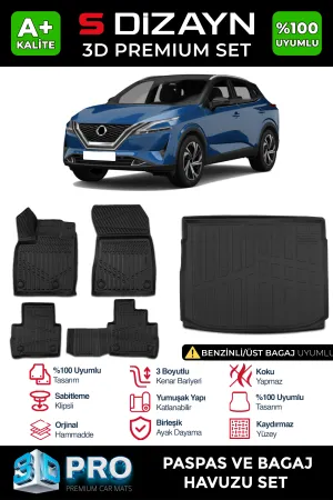 Nissan Qashqai 2021-Günümüz (J12) uyumlu 1.3 3D Pro Havuzlu Paspas ve Bagaj Havuzu (2'li SET) 2021 Üzeri A+ Kalite modelleri Oto Aksesuar Shop'de. Kaliteli