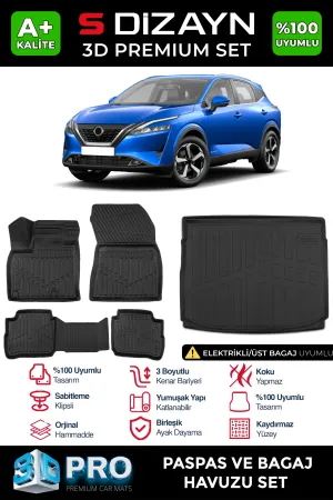 Nissan Qashqai 2021-Günümüz (J12) uyumlu E-Power 3D Pro Havuzlu Paspas ve Üst Bagaj Havuzu (2'li SET) 2021-2024 A+ Kalite modelleri Oto Aksesuar Shop'de.