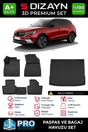 Renault Austral 2022-Günümüz (RHN) uyumlu Mild Hybrid 3D Pro Havuzlu Paspas ve Bagaj Havuzu (2'li SET) 2023 Üzeri A+ Kalite modelleri Oto Aksesuar Shop'de.
