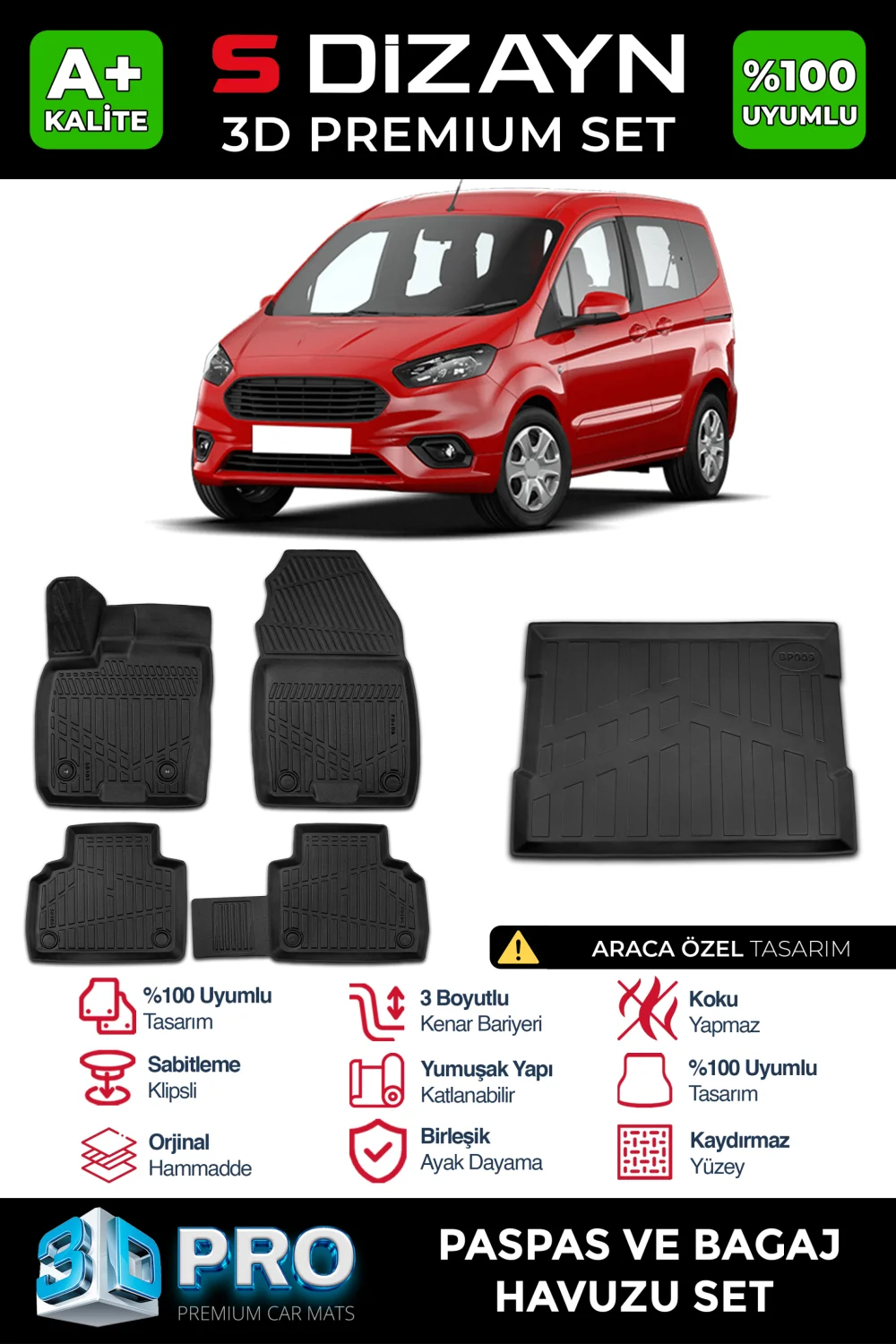 S-Dizayn Ford Courier 3D Pro Havuzlu Paspas ve Bagaj Havuzu Seti (2'li SET) 2014-2022 A+ Kalite
