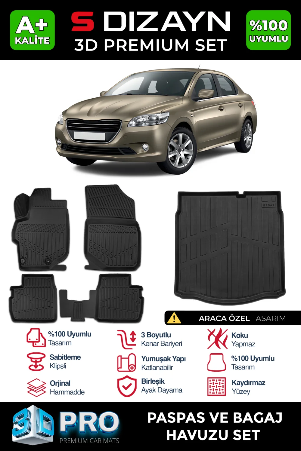 S-Dizayn Peugeot 301 3D Pro Havuzlu Paspas ve Bagaj Havuzu Seti (2'li SET) 2013 Üzeri A+ Kalite