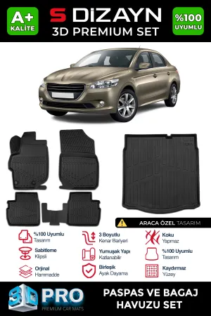 S-Dizayn Peugeot 301 3D Pro Havuzlu Paspas ve Bagaj Havuzu Seti (2'li SET) 2013 Üzeri A+ Kalite thumb 1