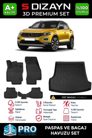 Volkswagen T-Roc 2017-2026 (A11) uyumlu VW 3D Pro Havuzlu Paspas ve Üst Bagaj Havuzu (2'li SET) 2019-2021 A+ Kalite modelleri Oto Aksesuar Shop'de. Kaliteli