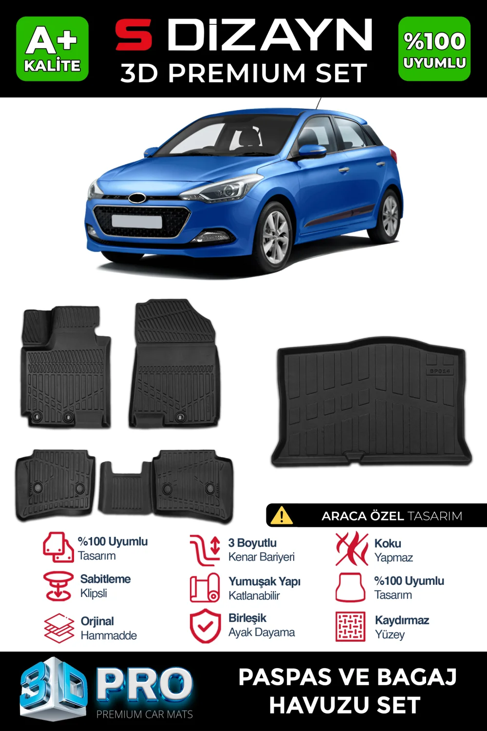 S-Dizayn Hyundai i20 3D Pro Havuzlu Paspas ve Bagaj Havuzu Seti (2'li SET) 2014-2020 A+ Kalite