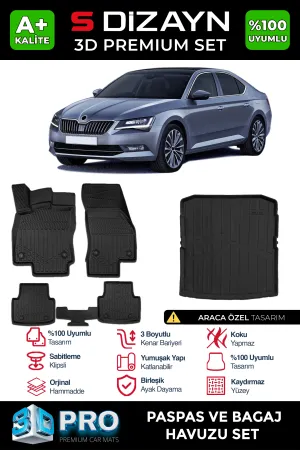 Skoda Superb 2015-2023 (3V) uyumlu 3D Pro Havuzlu Paspas ve Bagaj Havuzu (2'li SET) 2015-2023 A+ Kalite modelleri Oto Aksesuar Shop'de. Kaliteli malzeme, hızlı