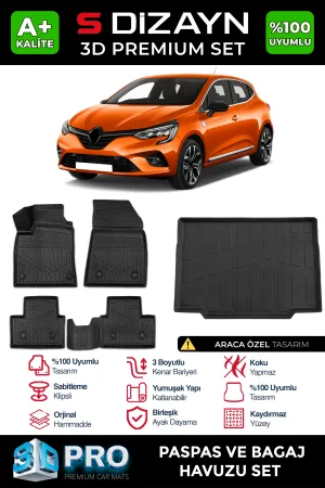 Renault Clio 2019-2023 (BJA) uyumlu 5 3D Pro Havuzlu Paspas ve Bagaj Havuzu (2'li SET) 2019-2026 A+ Kalite modelleri Oto Aksesuar Shop'de. Kaliteli malzeme,