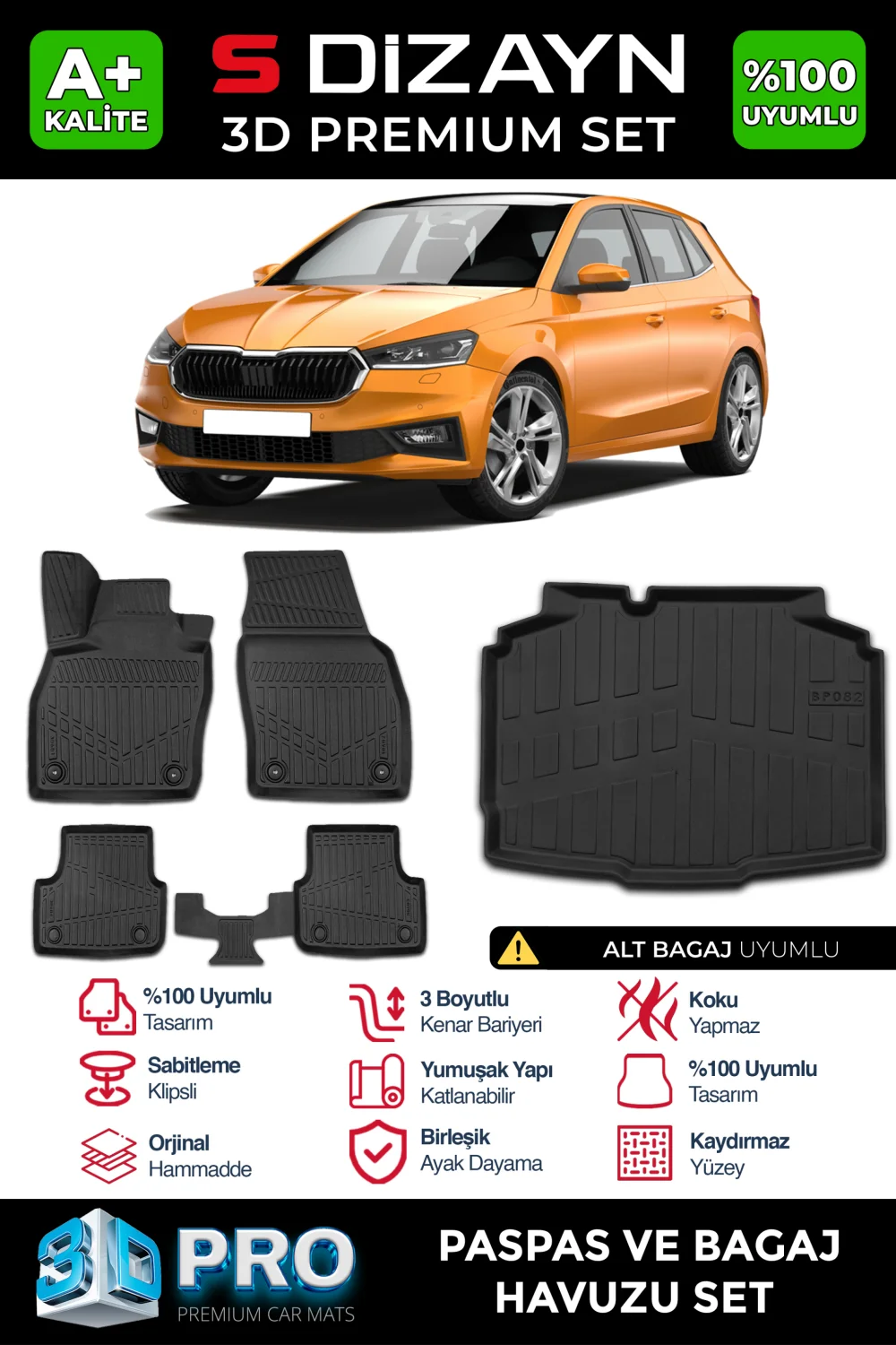 S-Dizayn Skoda Fabia 4 3D Pro Havuzlu Paspas ve Alt Bagaj Havuzu Seti (2'li SET) 2021 Üzeri A+ Kalite