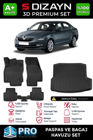 Skoda Octavia 2012-2020 (5E) uyumlu 3D Pro Havuzlu Paspas ve Bagaj Havuzu (2'li SET) 2013-2017 A+ Kalite modelleri Oto Aksesuar Shop'de. Kaliteli malzeme,