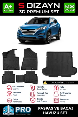 S-Dizayn Hyundai Tucson 3D Pro Havuzlu Paspas ve Bagaj Havuzu Seti (2'li SET) 2015-2021 A+ Kalite thumb 1