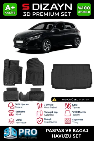 Hyundai i20 2020-Günümüz (BC3) uyumlu 3D Pro Havuzlu Paspas ve Bagaj Havuzu (2'li SET) 2020 Üzeri A+ Kalite modelleri Oto Aksesuar Shop'de. Kaliteli malzeme,