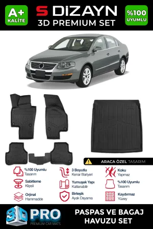 Volkswagen Passat 2005-2010 (B6) uyumlu VW B6 3D Pro Havuzlu Paspas ve Bagaj Havuzu (2'li SET) 2005-2010 A+ Kalite modelleri Oto Aksesuar Shop'de. Kaliteli